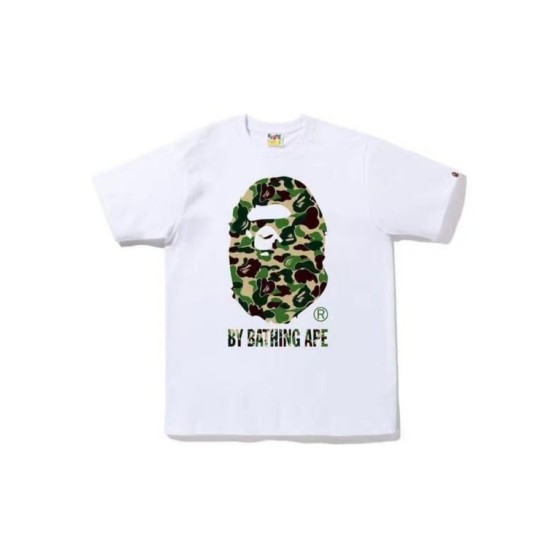 White BAPE T-Shirt with Green Camo Ape Head and "BY BATHING APE" Logo